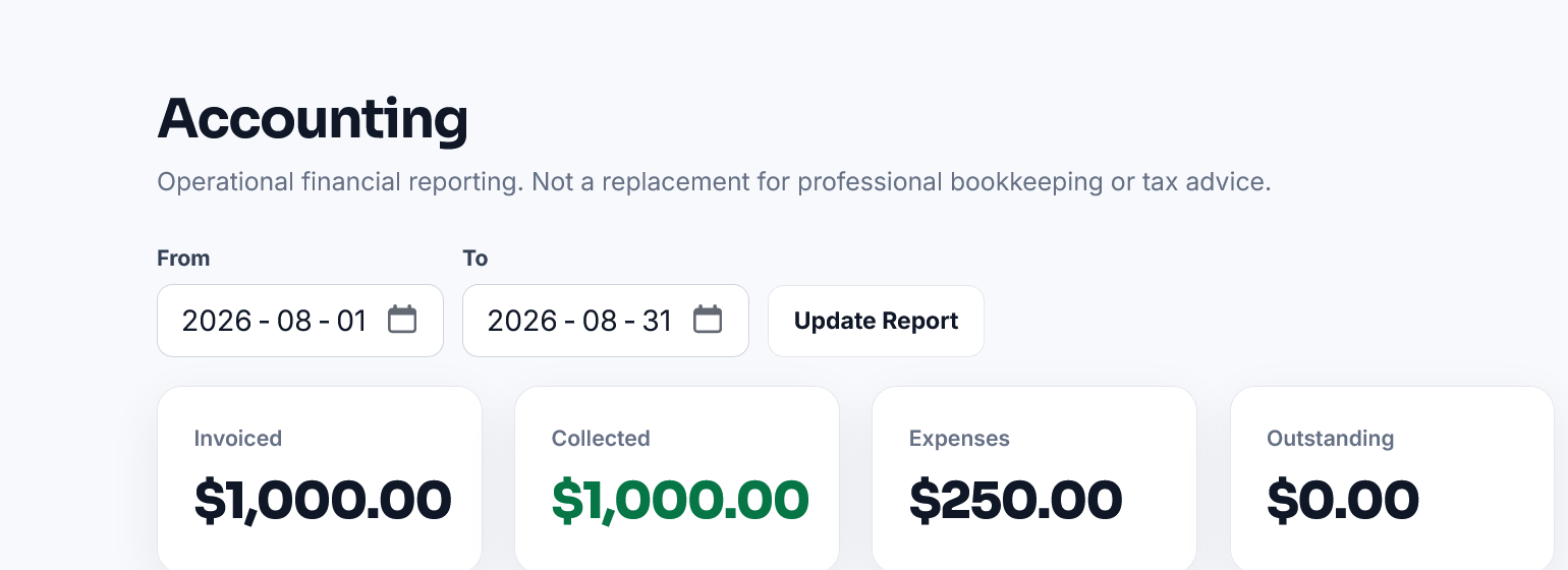 Actual FirstPage Operations accounting screen showing invoiced, collected, expenses and outstanding totals